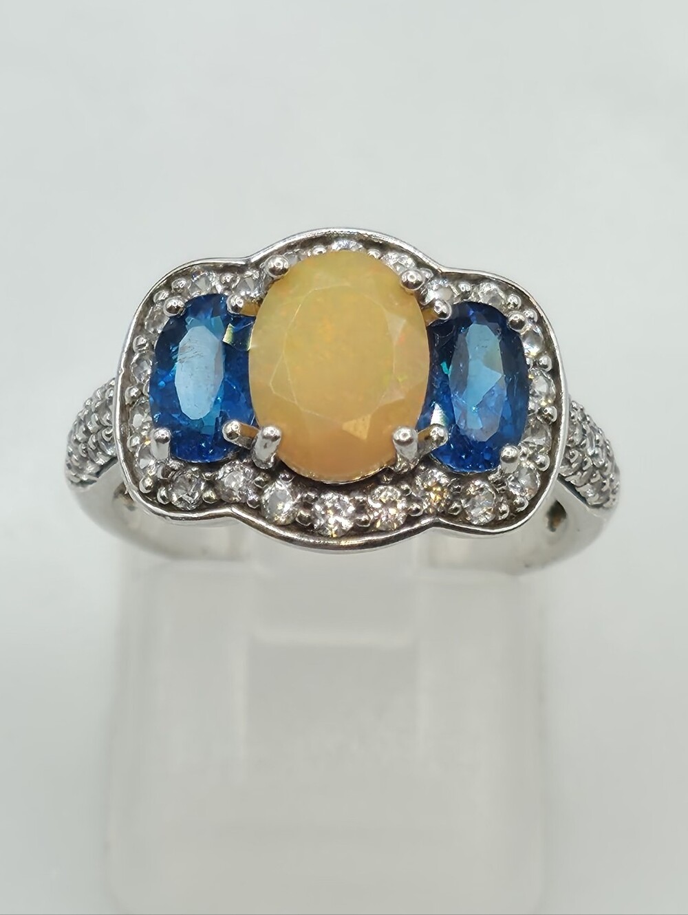 Amazing Estate  Natural Mined Fire Opal, London Blue Topaz And White Topaz Ring